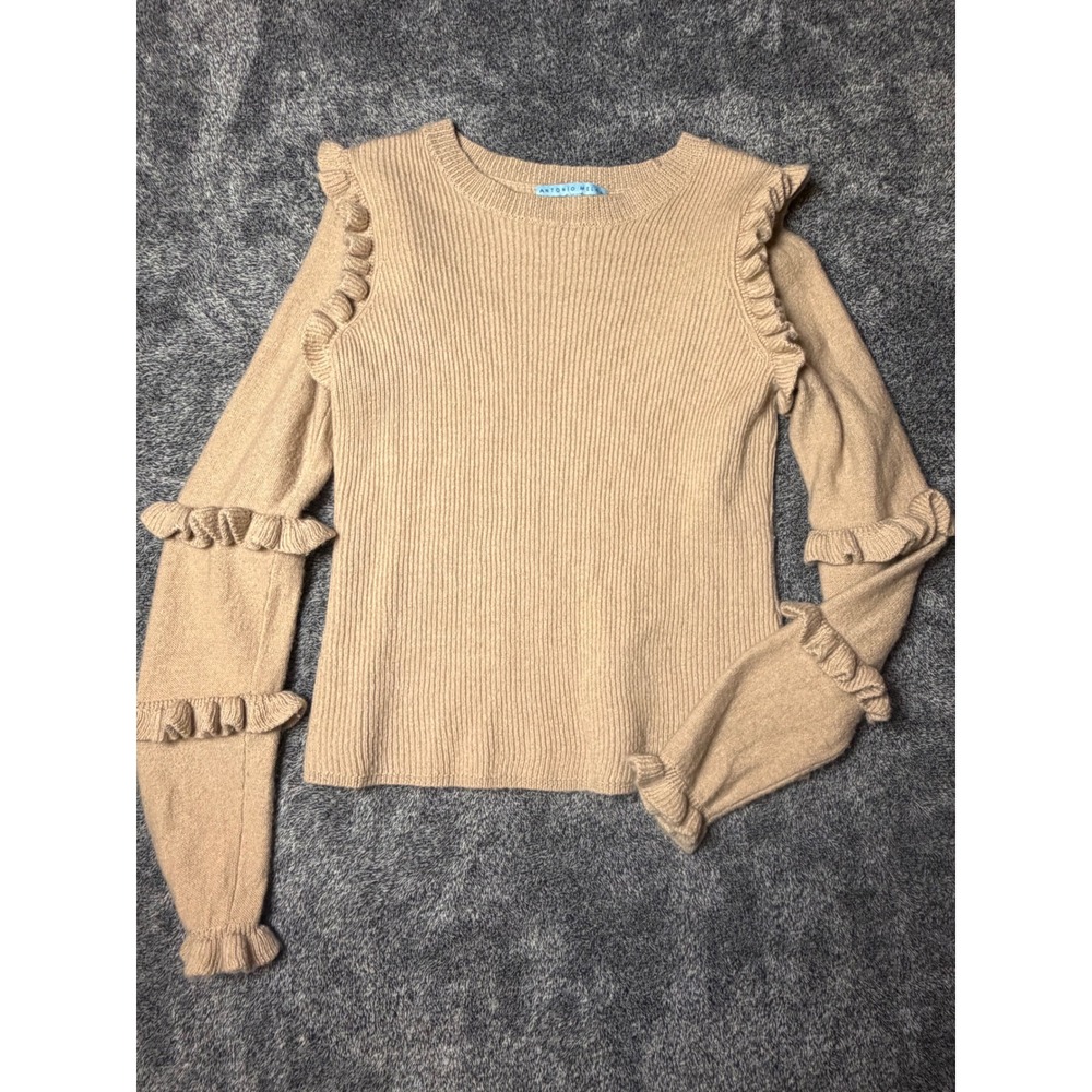 Antonio Melani Tan 100% Wool Ribbed Ruffle Sleeve Sweater Womens Medium RN 58909